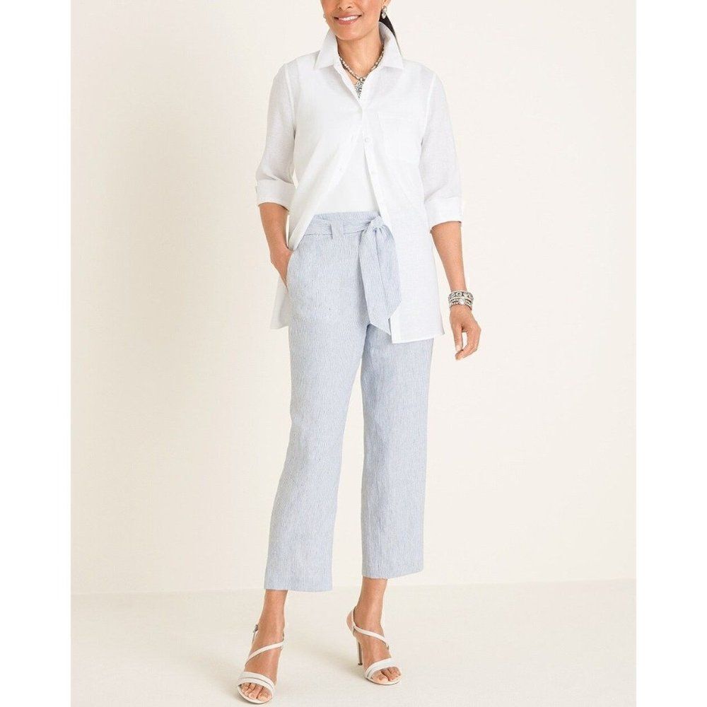 Chico's Pinstriped Linen Straight Leg Classic Pull-On Crops Sz 16/3R Blue Beachy